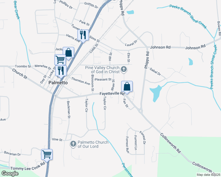 map of restaurants, bars, coffee shops, grocery stores, and more near 212 Rhae Street in Palmetto