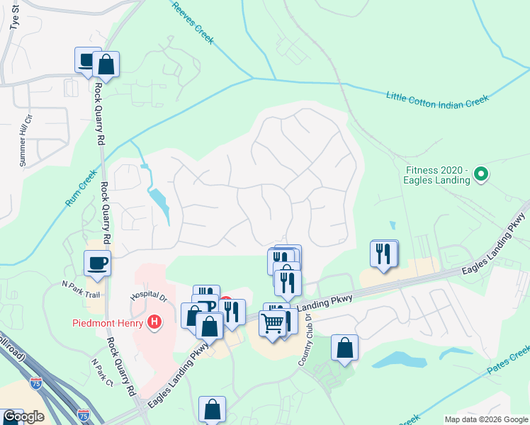 map of restaurants, bars, coffee shops, grocery stores, and more near 108 Holly Ridge Road in Stockbridge