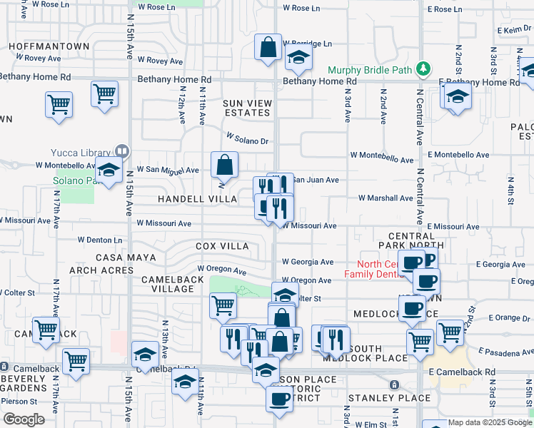 map of restaurants, bars, coffee shops, grocery stores, and more near 711 West Marshall Avenue in Phoenix