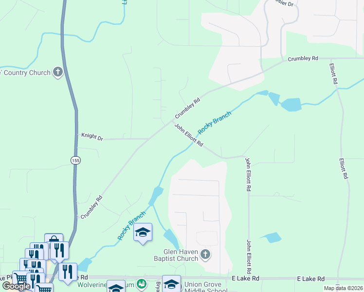 map of restaurants, bars, coffee shops, grocery stores, and more near 521 John Elliott Road in McDonough