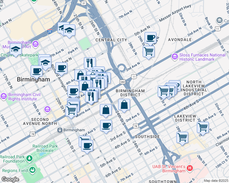 map of restaurants, bars, coffee shops, grocery stores, and more near 2427 1st Avenue North in Birmingham