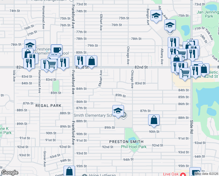 map of restaurants, bars, coffee shops, grocery stores, and more near 5602 84th Street in Lubbock