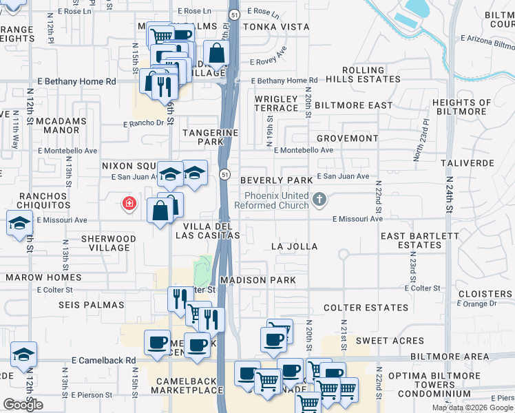 map of restaurants, bars, coffee shops, grocery stores, and more near 1812 East Marshall Avenue in Phoenix
