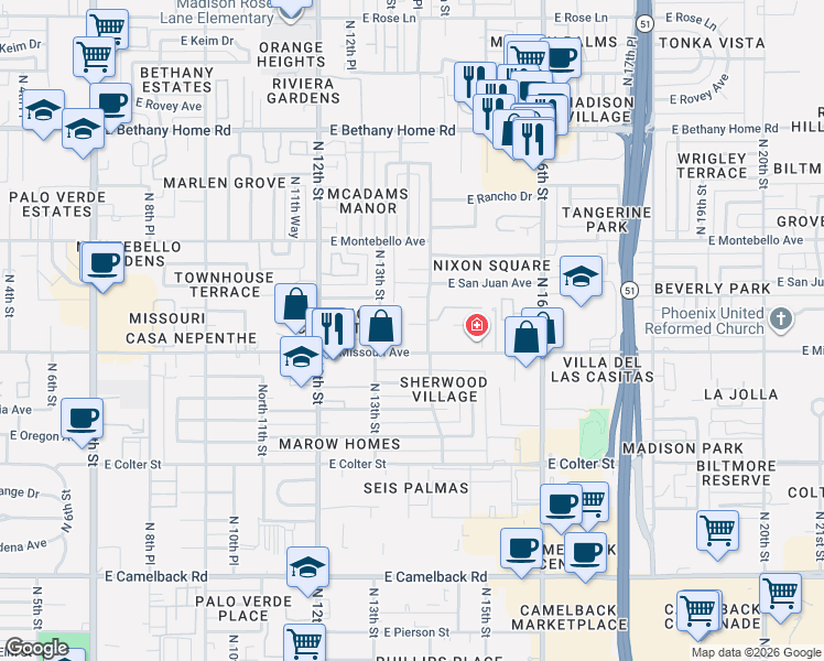 map of restaurants, bars, coffee shops, grocery stores, and more near 1336 East Marshall Avenue in Phoenix