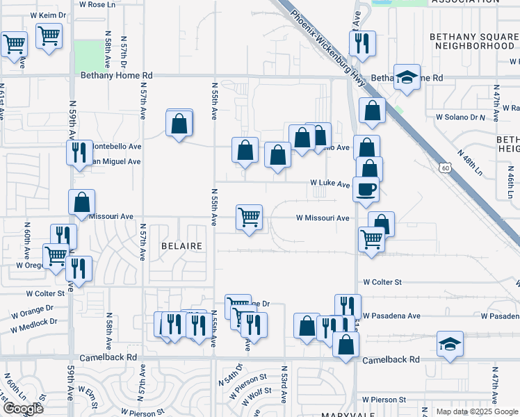 map of restaurants, bars, coffee shops, grocery stores, and more near 5342 West Missouri Avenue in Glendale
