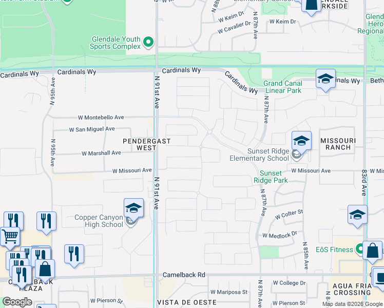 map of restaurants, bars, coffee shops, grocery stores, and more near 8938 West Marshall Avenue in Glendale