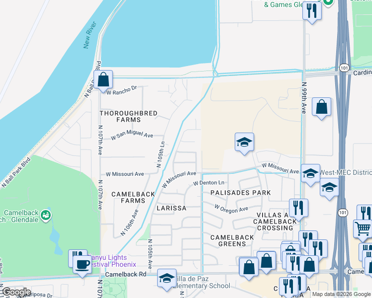 map of restaurants, bars, coffee shops, grocery stores, and more near 10325 West San Miguel Avenue in Glendale