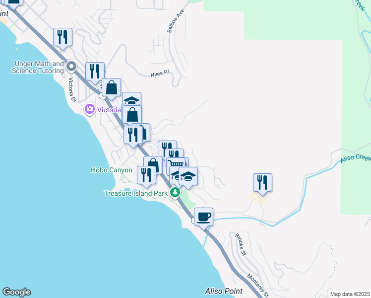 map of restaurants, bars, coffee shops, grocery stores, and more near 30662 Marilyn Drive in Laguna Beach