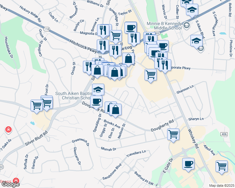 map of restaurants, bars, coffee shops, grocery stores, and more near 1544 Hamilton Drive in Aiken