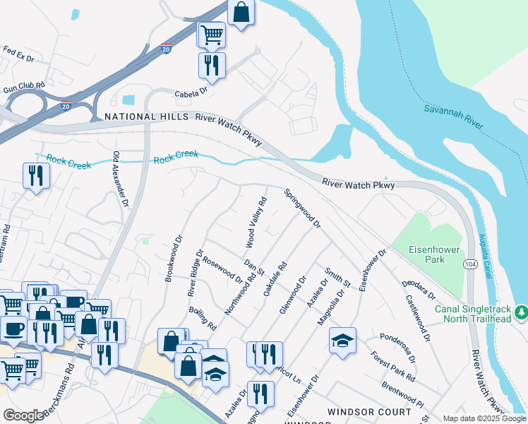 map of restaurants, bars, coffee shops, grocery stores, and more near 1221 Wood Valley Road in Augusta