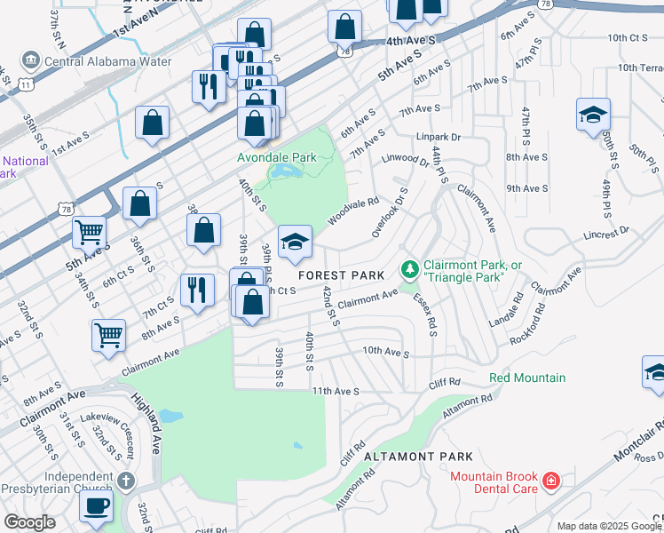 map of restaurants, bars, coffee shops, grocery stores, and more near 4217 Overlook Drive South in Birmingham