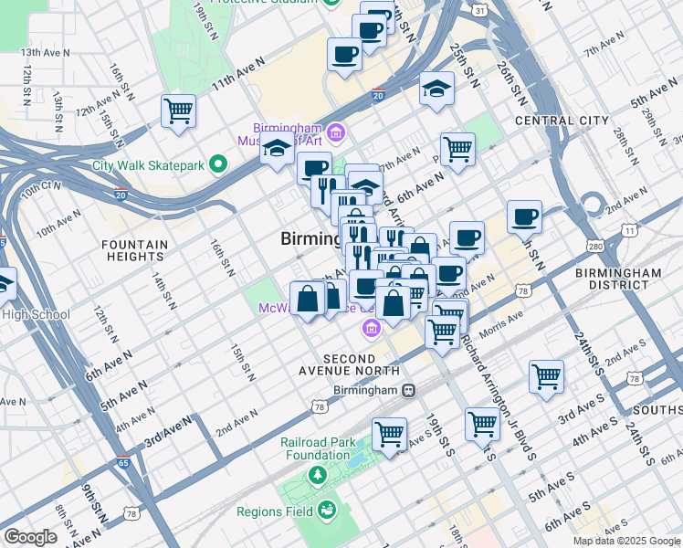 map of restaurants, bars, coffee shops, grocery stores, and more near in Birmingham