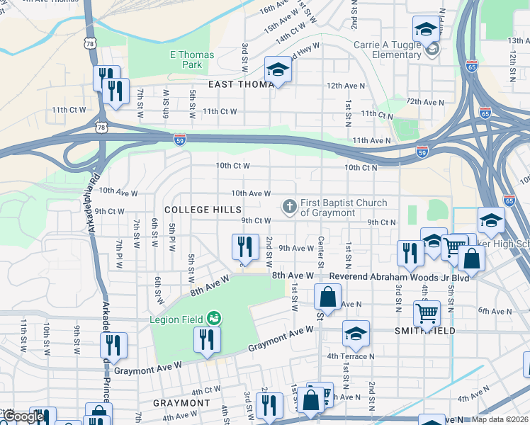 map of restaurants, bars, coffee shops, grocery stores, and more near 200 9th Court West in Birmingham