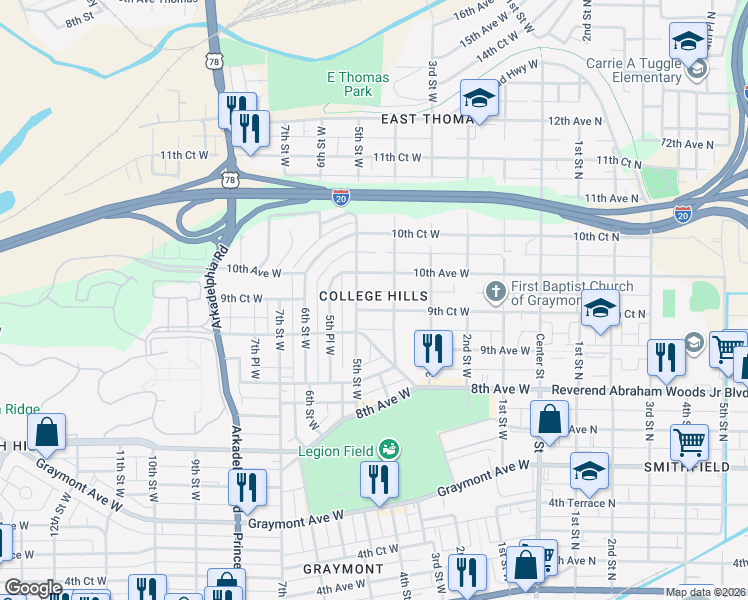 map of restaurants, bars, coffee shops, grocery stores, and more near 941 5th Street West in Birmingham