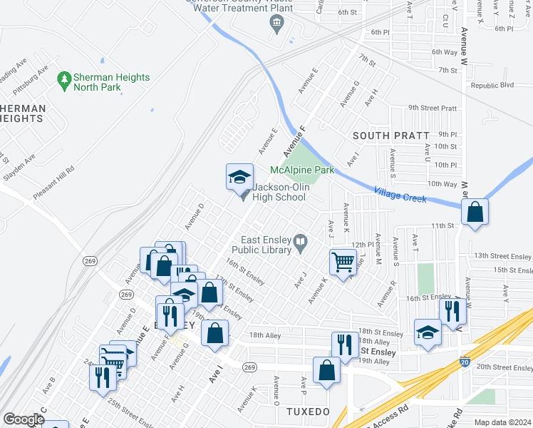 map of restaurants, bars, coffee shops, grocery stores, and more near 1224 Avenue G in Birmingham