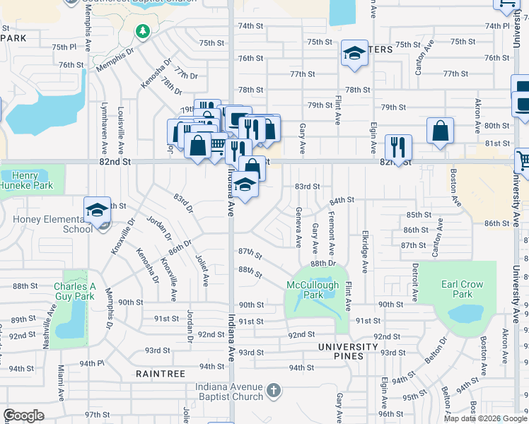 map of restaurants, bars, coffee shops, grocery stores, and more near 8406 Hartford Drive in Lubbock