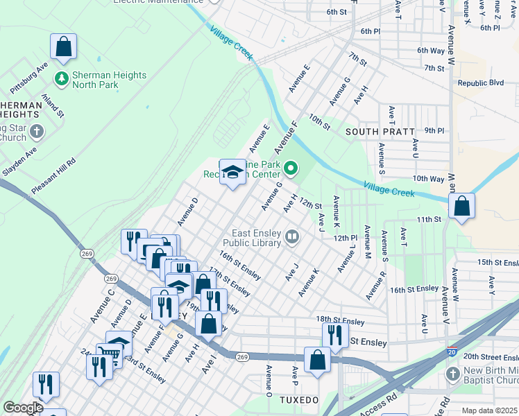 map of restaurants, bars, coffee shops, grocery stores, and more near 1224 Avenue G in Birmingham