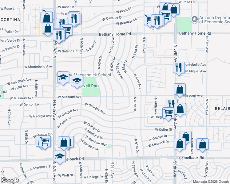map of restaurants, bars, coffee shops, grocery stores, and more near 5520 North 63rd Avenue in Glendale