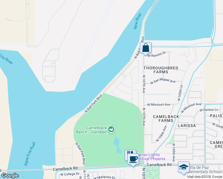 map of restaurants, bars, coffee shops, grocery stores, and more near 5636 North 109th Avenue in Phoenix