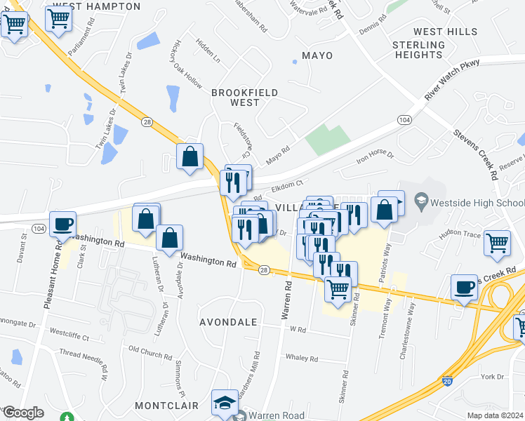 map of restaurants, bars, coffee shops, grocery stores, and more near 3126 Parrish Road in Augusta