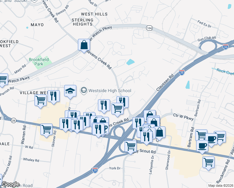 map of restaurants, bars, coffee shops, grocery stores, and more near 110 Point Place in Augusta