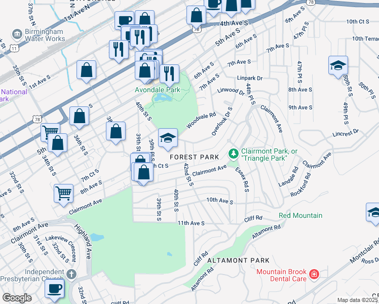 map of restaurants, bars, coffee shops, grocery stores, and more near 4217 Overlook Drive South in Birmingham