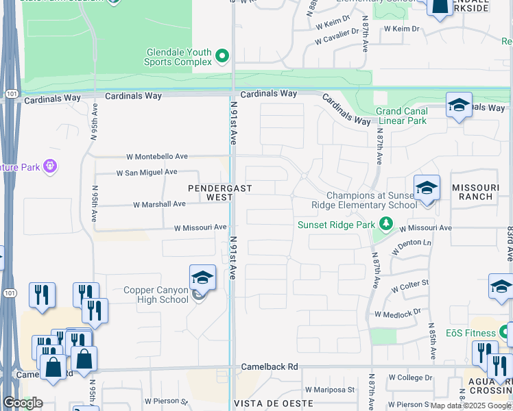 map of restaurants, bars, coffee shops, grocery stores, and more near 9008 West Marshall Avenue in Glendale