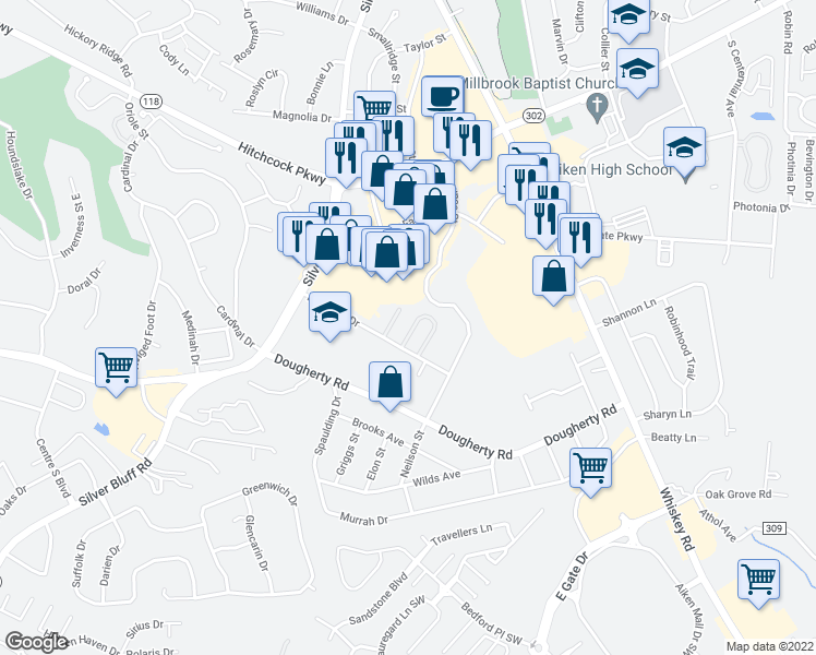 map of restaurants, bars, coffee shops, grocery stores, and more near 112 Champion Pine Lane Southwest in Aiken