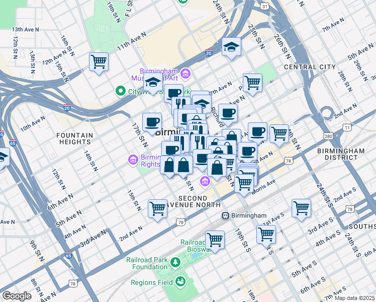 map of restaurants, bars, coffee shops, grocery stores, and more near 1819 5th Avenue North in Birmingham
