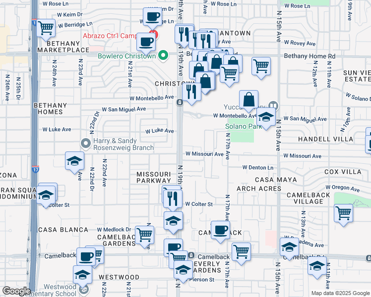 map of restaurants, bars, coffee shops, grocery stores, and more near 5501 North 19th Avenue in Phoenix