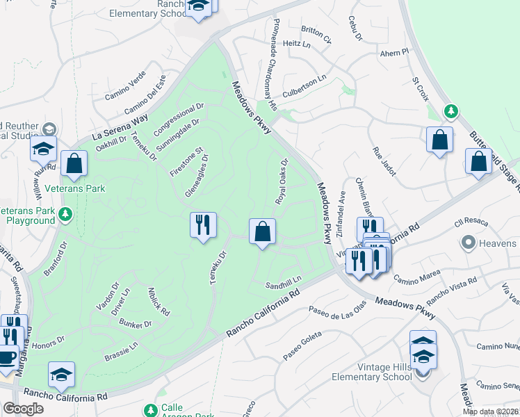 map of restaurants, bars, coffee shops, grocery stores, and more near 31444 Pennant Court in Temecula