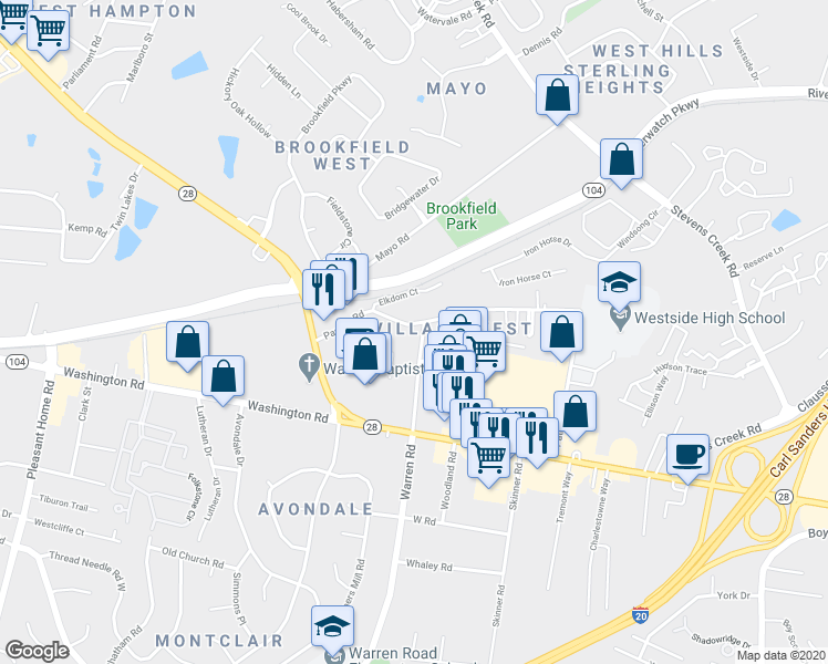 map of restaurants, bars, coffee shops, grocery stores, and more near 1001 Beverly Heights Drive in Augusta