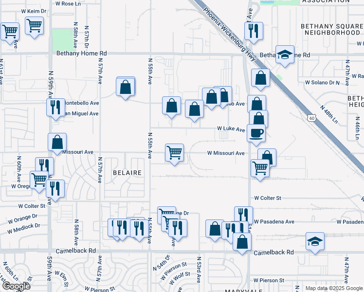 map of restaurants, bars, coffee shops, grocery stores, and more near 5342 West Missouri Avenue in Glendale