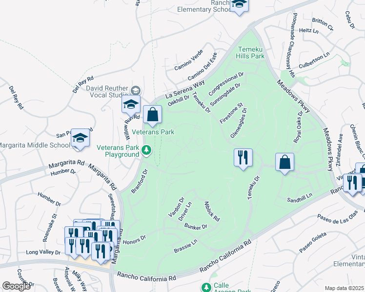 map of restaurants, bars, coffee shops, grocery stores, and more near 31130 South General Kearny Road in Temecula