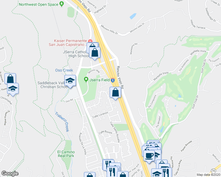 map of restaurants, bars, coffee shops, grocery stores, and more near 30724 Calle Resplendor in San Juan Capistrano