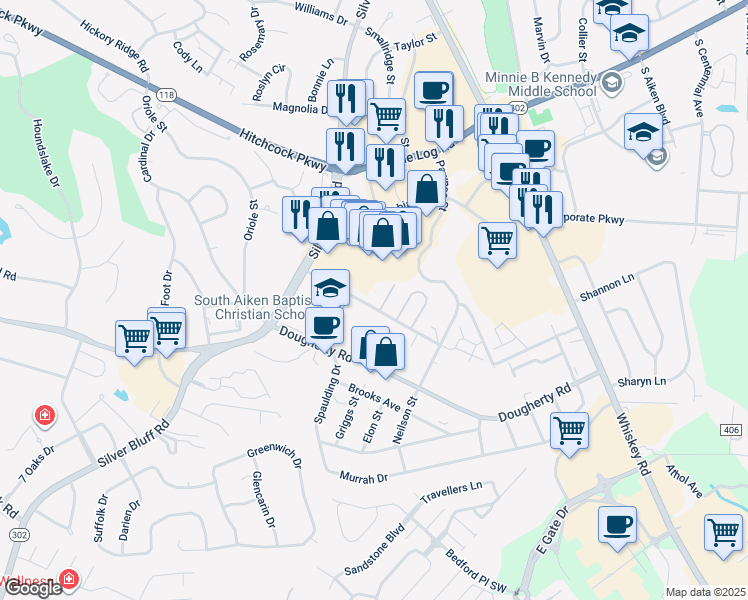 map of restaurants, bars, coffee shops, grocery stores, and more near 1544 Hamilton Drive in Aiken