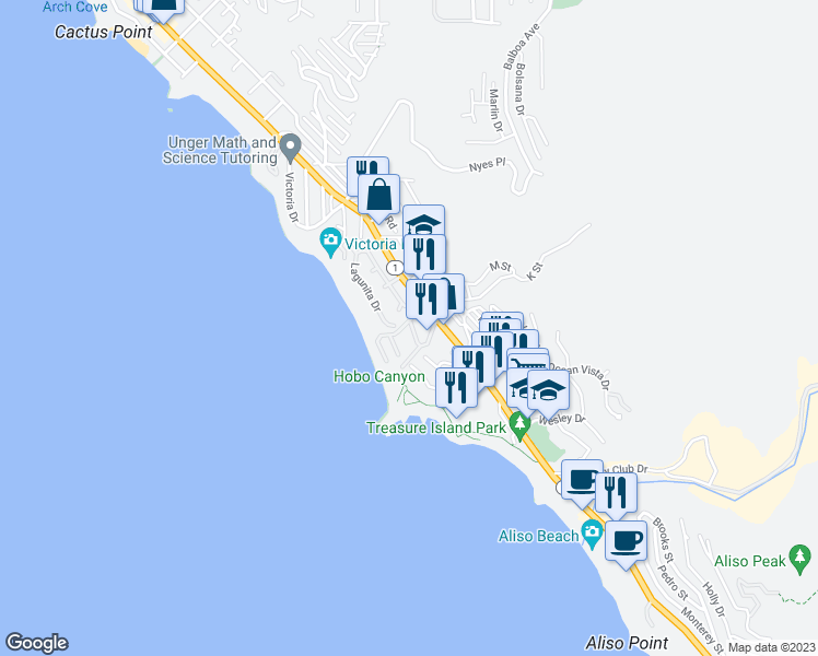 map of restaurants, bars, coffee shops, grocery stores, and more near in Laguna Beach
