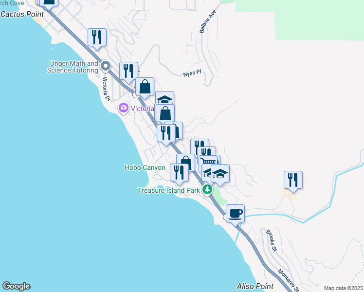 map of restaurants, bars, coffee shops, grocery stores, and more near 30802 Coast Highway in Laguna Beach