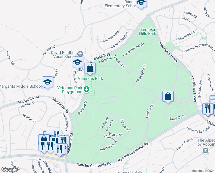 map of restaurants, bars, coffee shops, grocery stores, and more near 31130 South General Kearny Road in Temecula