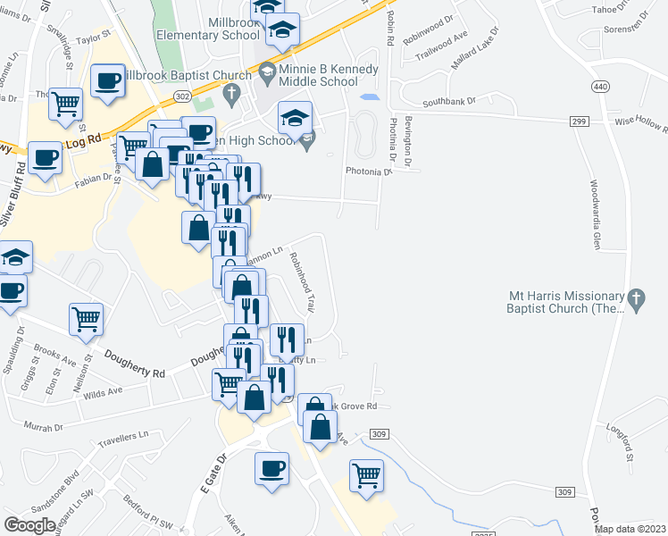 map of restaurants, bars, coffee shops, grocery stores, and more near 153 Sharyn Lane in Aiken
