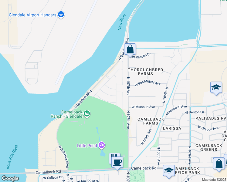 map of restaurants, bars, coffee shops, grocery stores, and more near 10740 West San Juan Avenue in Phoenix