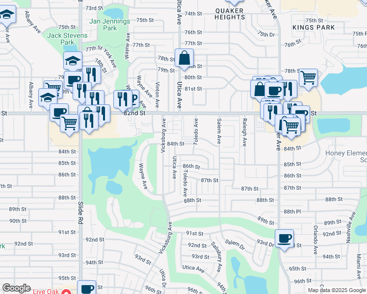 map of restaurants, bars, coffee shops, grocery stores, and more near 4705 84th Street in Lubbock