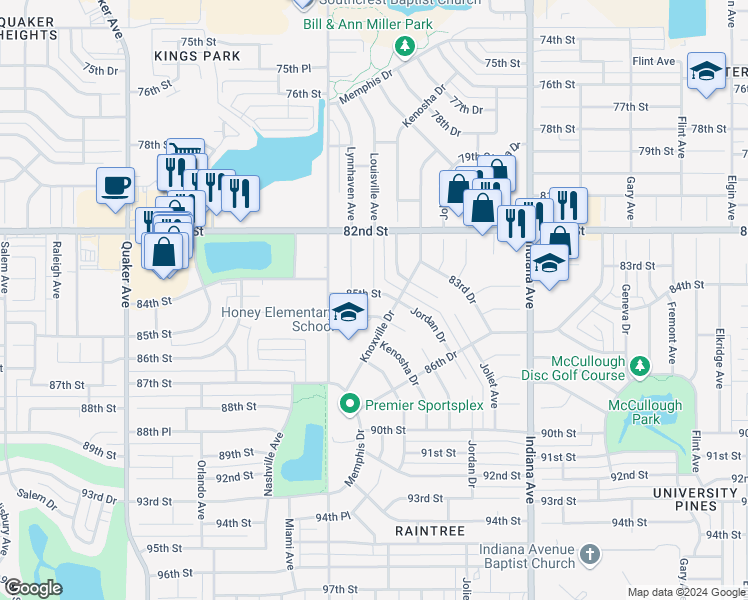 map of restaurants, bars, coffee shops, grocery stores, and more near 3703 85th Street in Lubbock