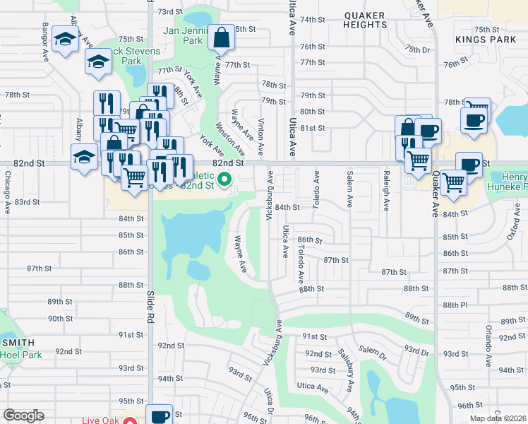 map of restaurants, bars, coffee shops, grocery stores, and more near 8401 84th Street in Lubbock