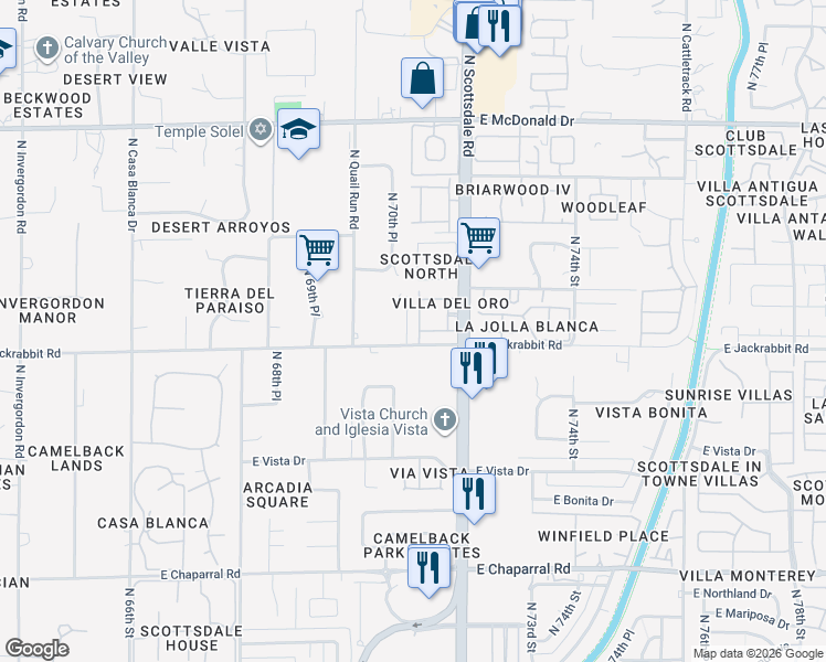 map of restaurants, bars, coffee shops, grocery stores, and more near 5518 North Quail Place in Paradise Valley