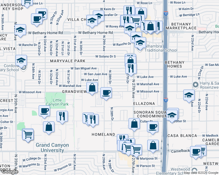 map of restaurants, bars, coffee shops, grocery stores, and more near 5524 North 28th Drive in Phoenix