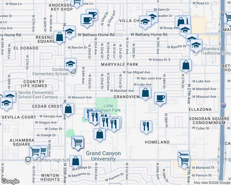 map of restaurants, bars, coffee shops, grocery stores, and more near 5500 North 31st Drive in Phoenix