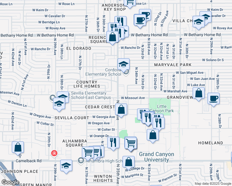 map of restaurants, bars, coffee shops, grocery stores, and more near 3450 West Missouri Avenue in Phoenix