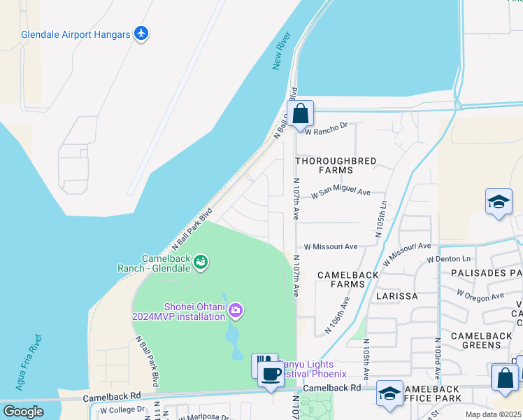 map of restaurants, bars, coffee shops, grocery stores, and more near 10740 West San Juan Avenue in Phoenix