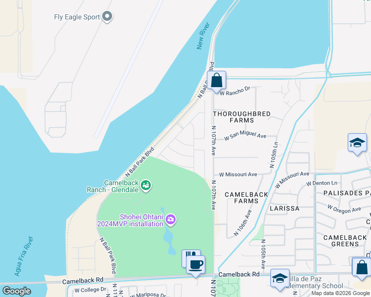 map of restaurants, bars, coffee shops, grocery stores, and more near 10833 West San Juan Avenue in Phoenix